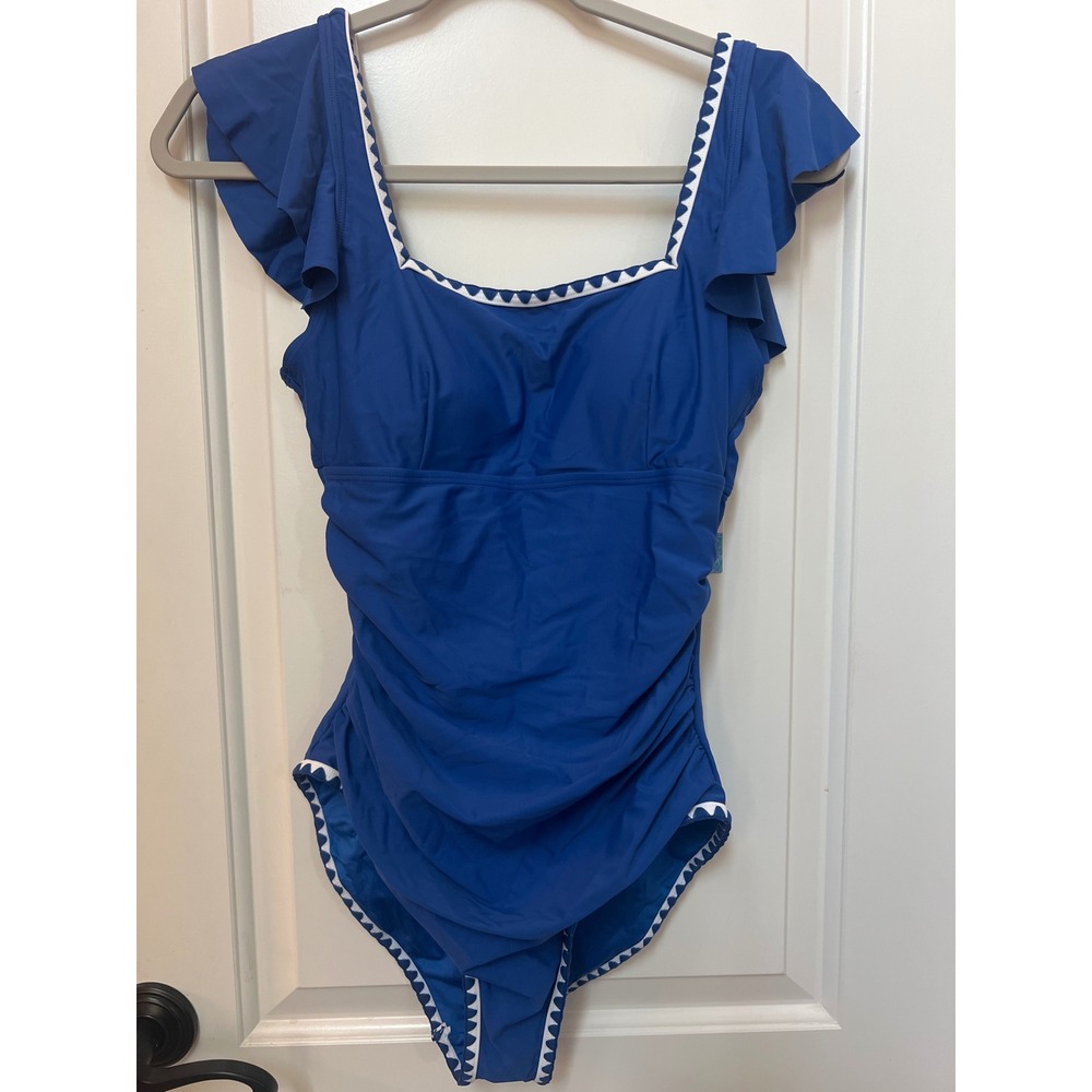 Sunshine Royal Blue Ruffle Ric-Rac Ruched One-Piece Swimsuit Size M NWT